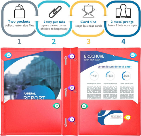 Heavy Duty Plastic Folders with Clear Front Pocket, 6PCS, 3 Pockets Folders with Prongs for Letter Size Sheets