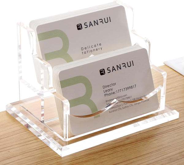 Business Card Holder for Desk, Clear Acrylic 2 Tier Organizer for Men and Women (2 Slots)
