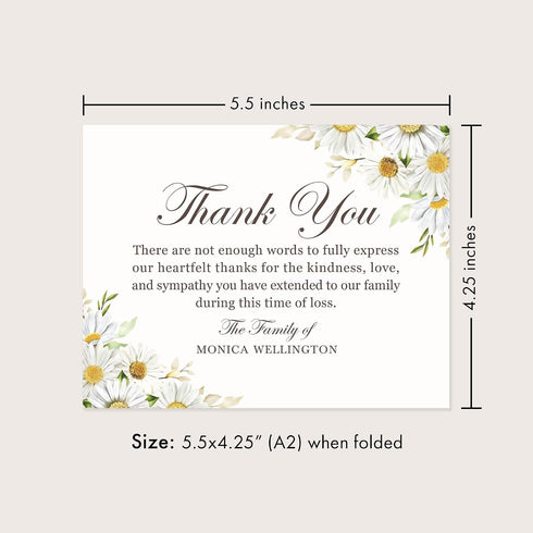 5.5x4.25" Sympathy Thank You Cards with White Daisies, Funeral Thank You Cards, Personalized Bereavement Notes