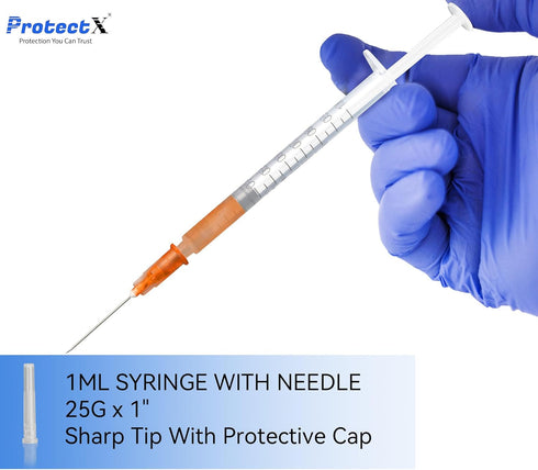 ProtectX 50 Pack 1ml/cc Syringe with 25G 1 Inch Needle, Disposable Syringe for Scientific Labs