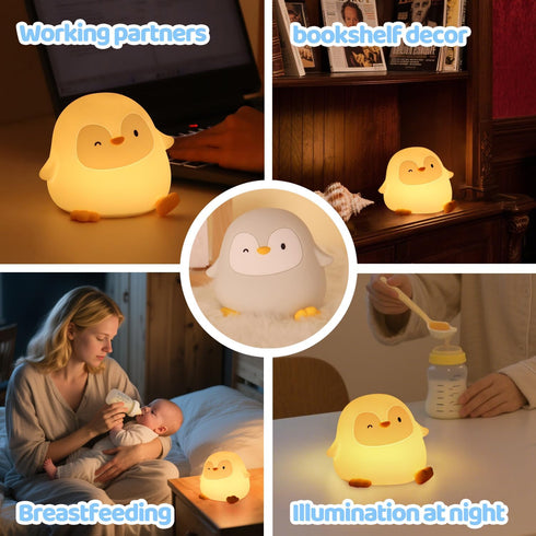 50H/12H 30-Min Dimmable Penguin Silicone Night Light, Long Battery Life Touch Lamp with Auto-Off Timer, Soft Glow