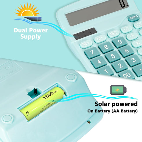 Cute Light Blue Desktop Calculator with Large Display Screen, Dual Power Source, Solar and Battery - Perfect for