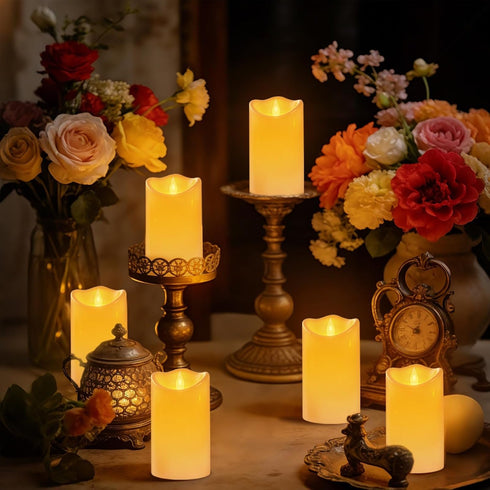 Haown 3D Set 2 (D3 H6) Outdoor Flameless Candles, Patented Dual-LED, of Slanted Plastic Pillars with Remote, Waterproof