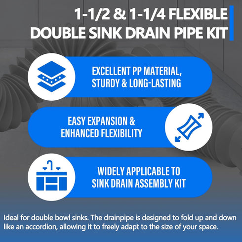 Double Sink Drain Kit, Flexible Sink Drain Pipe P Trap 1-1/2 & 1-1/4 Fits Kitchen Bathroom, Gray