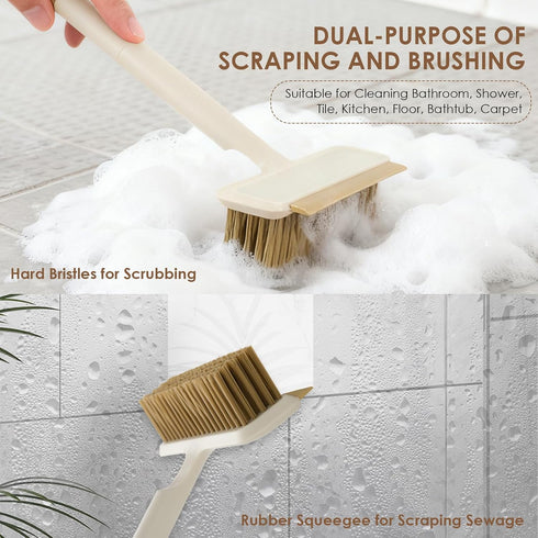 QuiVix 3 Pack Set 2-in-1 Hard Bristle Scrub Brush with Long Wooden Handle, Heavy-Duty Scrubbing Brushes with Scraper