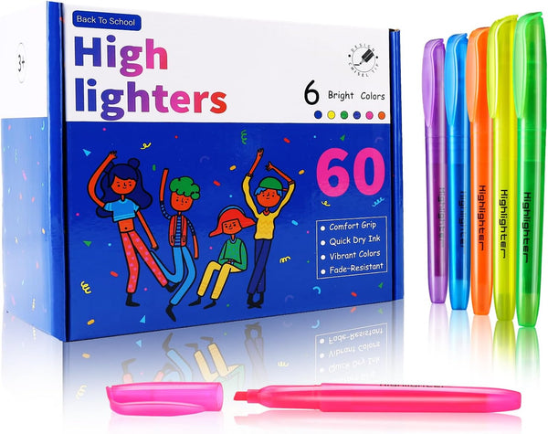Highlighters Assorted Colors, 60 Pack Bulk, No Bleed & Quick Drying, Chisel Tip Highlighter Set for School, College,