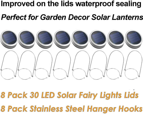 Mason Jar Solar Lantern Lights - 8 Pack 30 LED Bulbs Fairy Star Firefly Solar Lids