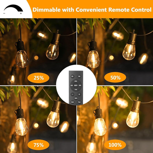 50FT 16 Dimmable S14 Bulbs(1 LED Outdoor String Lights, Waterproof Patio Light with Remote & Shatterproof Edison