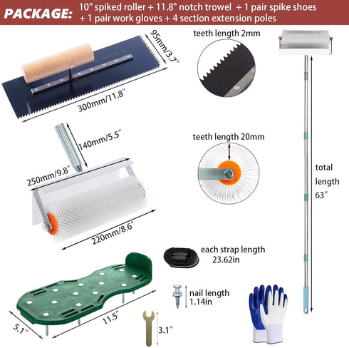 DBYANAN 10 inch 62in Self Leveling Tools Kit Spiked Roller with Extension Pole Epoxy Roller Spike Shoes for Concrete