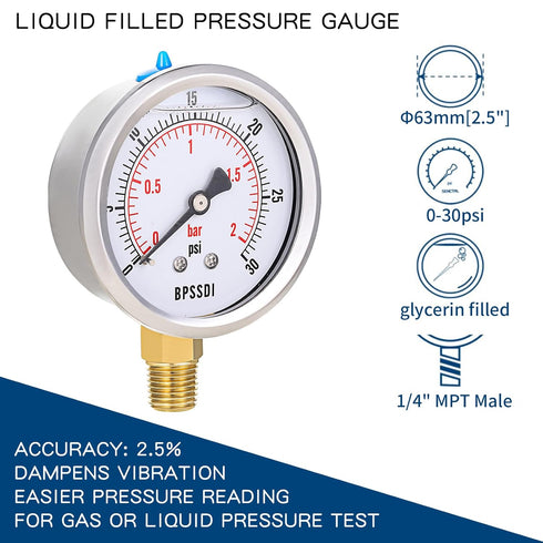 0-30 Psi Pressure Gauge, Glycerin Filled Water Pressure Gauge for Pneumatic Regulator and Air Compressor
