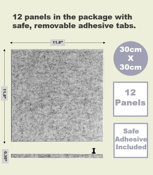 Large Cork Board Alternative, 12 Pack Felt Wall Tiles, 48 x 36, Safe Removable Adhesive Tabs, Silver Gray, Office Decor
