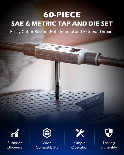 60 Set Orion Motor Tech PCS Tap and Die Metric and Standard Sizes Included Tap Die Kit Metric and SAE for Threading