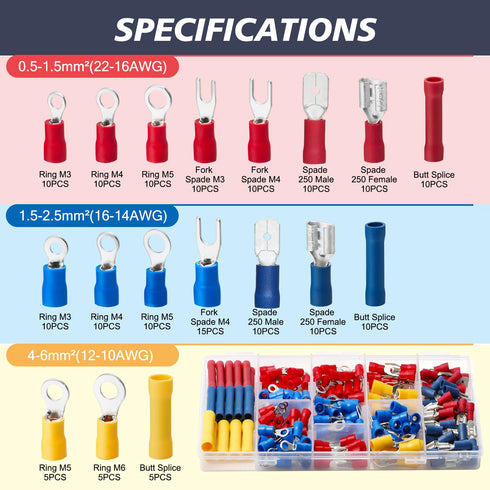 Chanzon 200pcs Insulated Crimp Wire Connector Terminal Assortment, Butt Splice, Male & Female Spade, Fork, Ring Kit