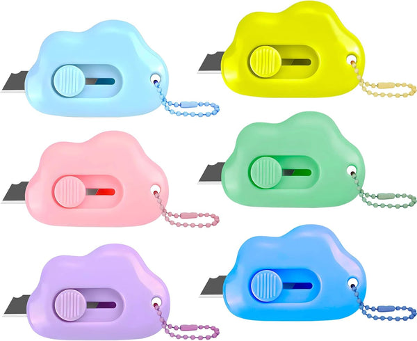 Muclip Cloud Shaped Retractable Box Cutter Set - 6 Pack with Key Rings,Stainless