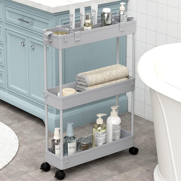 SPACELEAD 3 Tier Slim Rolling Storage Cart - Mobile Utility Organizer Trolley for Bathroom, Office, Kitchen, Grey