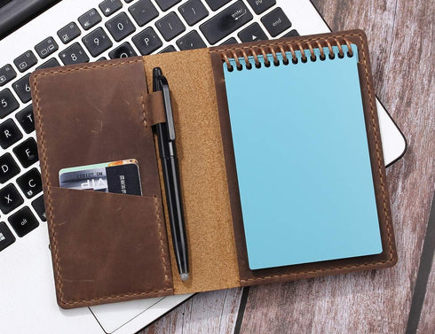 Leather Journal Cover - Compatible with 3.5" x 5.5" Pocket Size Notebook, Brown with Pen Loop