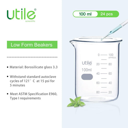 Utile 100ml Glass Beaker Set, 24pcs of 3.4oz Upgraded Thickening Chemical Beakers with Printed Graduation