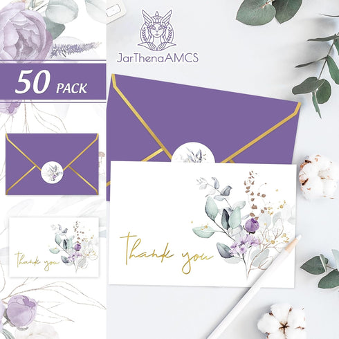 50 Pack 4 6 Inch JarThenaAMCS Greenery Floral Thank You Cards Boxed Purple Flower Greeting Cards with Envelope Sticker