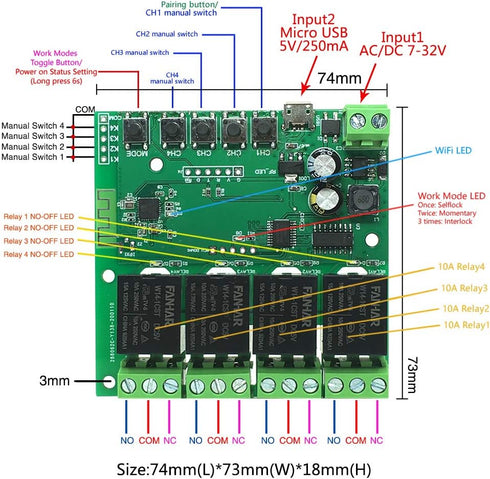 4-Channel WiFi Smart Switch Relay Module, TUYA/Smart Life App for Remote Control, Compatible with Alexa/Google Assistant