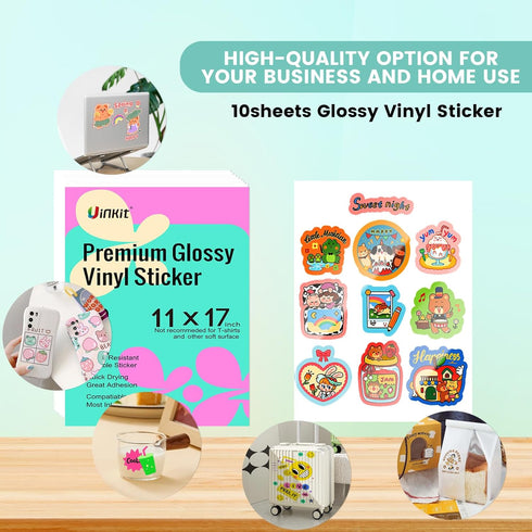 Uinkit Premium Vinyl Sticker for Inkjet Printer 11x17inch Glossy White Sticker Paper 10Sheets Waterproof Vivid Colors