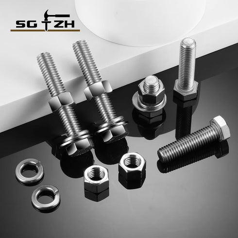 3/8-16 x 6" Hex Head Screw Bolt, Nuts, Flat & Lock Washers, 10Pcs 18-8 Stainless Steel Fully Threaded
