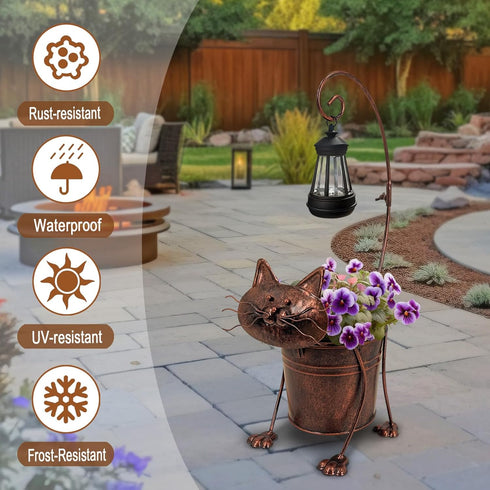 Solar Lights Outdoor with Planter Pot,Metal Cat Solar Lamp Post with Planter Base Outdoor Decorative
