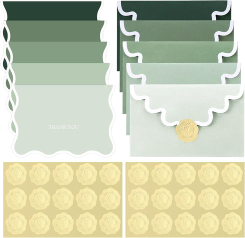 Fumete 50 Sets Green Wavy Thank You Cards with Envelopes and Stickers