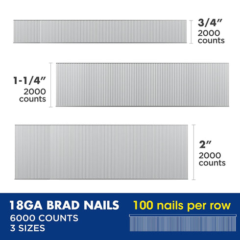 WORKPRO 18 Gauge Brad Nails, 6000 Count Universal Brad Nails for Pneumatic, Electric, 2'', 1-1/4'', 3/4''