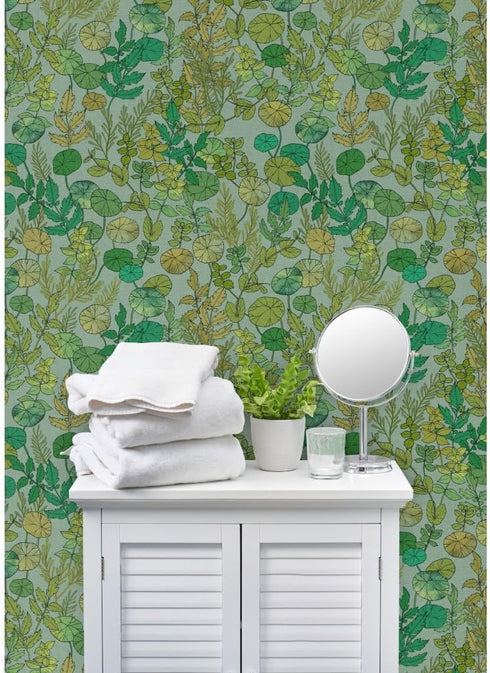 Commercial 1900S Grade Wallpaper Swatch - Green Leaves Mint Plants Gardening Peas Herbs Nasturtium Gardener Rosemary