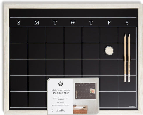 U Brands White Wash Frame Chalkboard Calendar Set – Office Supplies with Magnet, Chalk Pencils, 16” x 20”, 4 Pieces