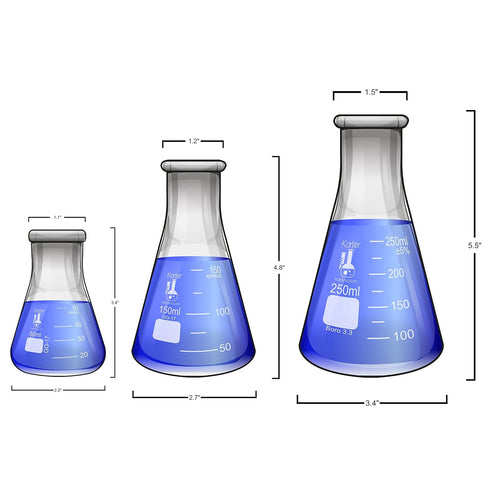 Glass Flask 5 Piece Set, Narrow Mouth Erlenmeyer, Borosilicate 3.3 Glass - 50ml to 1000ml