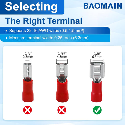 Baomain 1/4" Female Quick Disconnect Spade Terminals - Insulated Crimp Connectors 22-16 AWG 6.3mm (Red, 100-Pack)