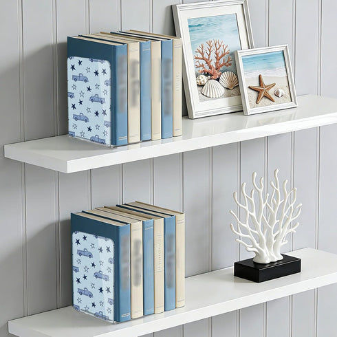 J JOYSAY Trucks Stars Blue Pattern Acrylic Bookends L Shaped Decorative Book Holders Stopper with Non Slip Pads