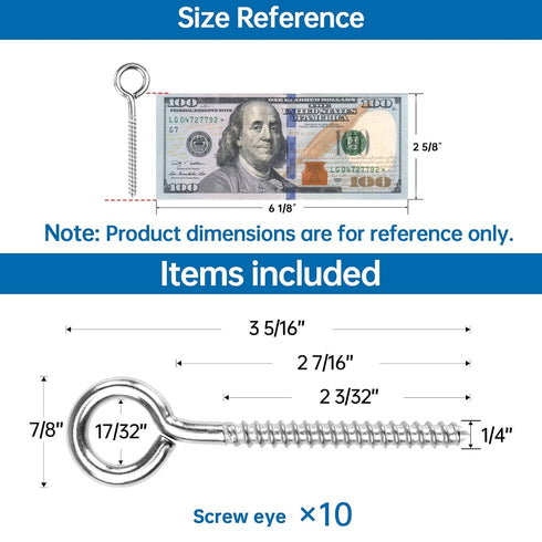 Muzata 10 Pack Eye Screws, 3.3 Inch Stainless Steel Screw Eye Hook, Heavy Duty M6 Eyelet Hooks for Indoor Outdoor