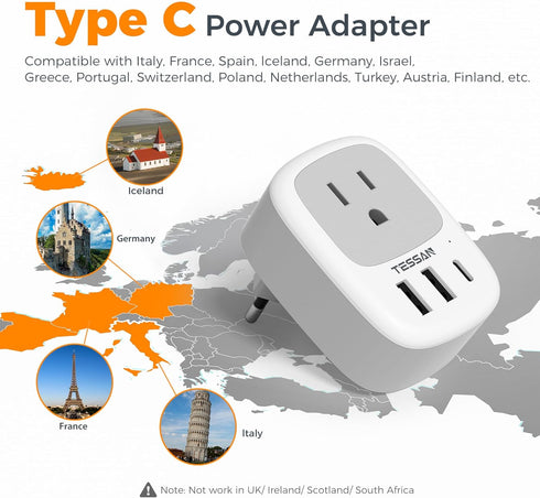 2 Pack 3 (1 European Travel Plug Adapter, TESSAN US to Europe Plug Adapter with USB Ports USB C), Type C Power Outlet