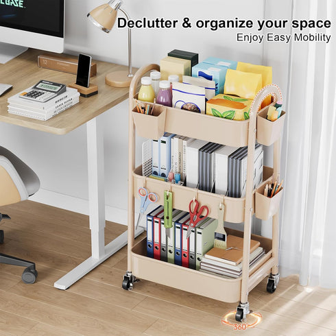 Osivaex 3 Beige Tier Rolling Cart Metal on Wheels, Three Tiered Storage Organizer Utility Trolley with Wheels for Art