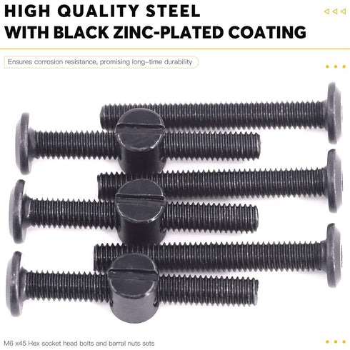Mardatt M6 45mm 24PCS x Black Zinc Plated Hex Socket Cap Bolts Crib Bolts and Barrel Nuts Cross Dowel Replacement