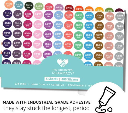 The Organized Pharmacy Expiration Dates Stickers System, 5 Year Supply - 480 Color Coded Inventory Management Labels