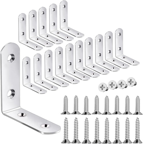 18-Pack L Shape Corner Brackets, Stainless Steel Metal Angle Braces for Wood