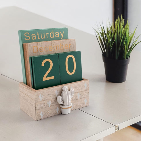 Notakia Perpetual Calendar, Vintage Wooden Calendar for Home Office Desk Accessories (Green)