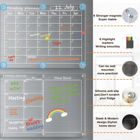 Magnetic Acrylic Calendar for Fridge,2 Pack 12"x16" Clear Fridge Calendar Dry Erase Magnetic Planning Boards Set Includes 6 Colorful Highlight Markers,Magnetic Pen Holder and Erase Towel by SWSKR