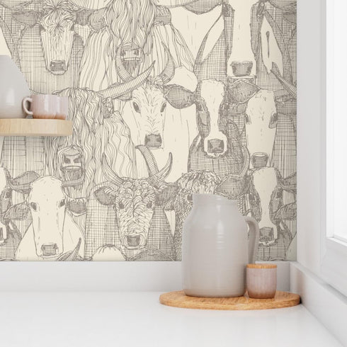 Spoonflower Removable Wallpaper Swatch - Neutral Cow Cattle Farming Rustic Farmhouse Dairy Friesian Bull Ox Highland