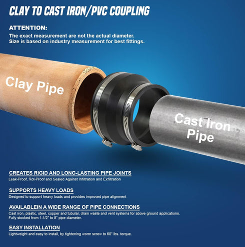 6I89 Flexible Rubber Coupling with Stainless Steel Clamps for 4" Cast Iron / PVC x 4" Clay