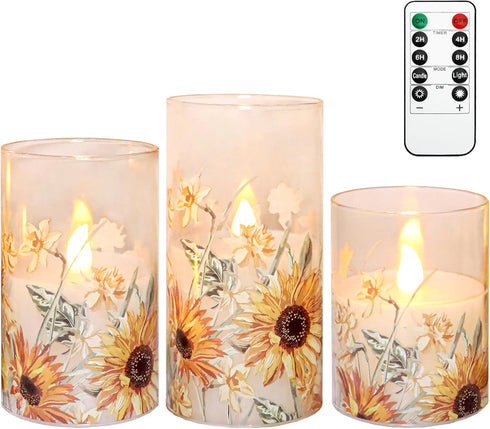 Sunflower Glass Flameless Candles Battery Operated with Remote Timer Flickering LED Pillar