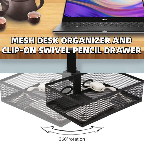 RHBLME Under Desk Drawer Storage, Black 360-Degree Rotating Clamp-on Swivel Pencil Drawer for Office Tables