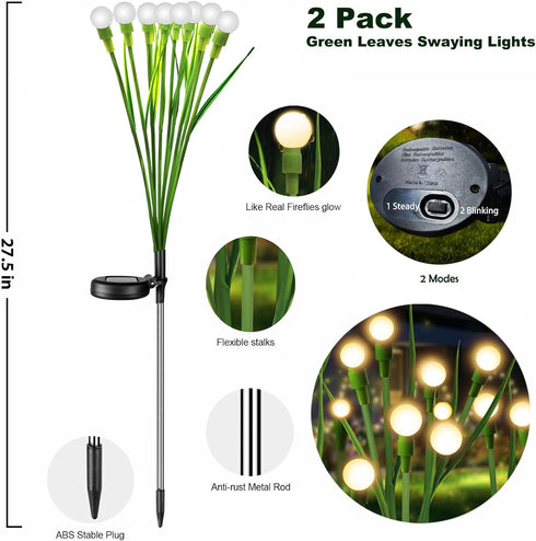 Firefly Lights Solar Outdoor Green Stem Twinkle,Swaying Garden Lights with Leaves,Landscape Path Light,Weatherproof Flickering Bubble Path D cor for Yard Patio Pathway Decoration Warm White(2 Pack) by SWEETIME