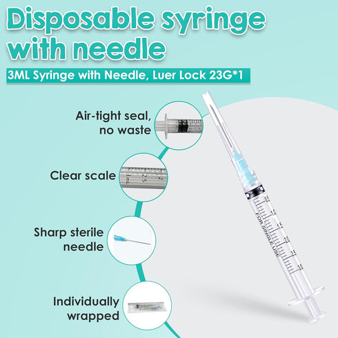 100 Pack 3 ml/cc Syringes with Needle-23G, 1.0 inch Needle Luer Lock Syringe- Sterile, Sample Injection, Labs, Disposable, Individually Packaged