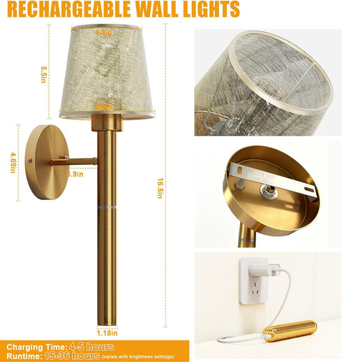 Donsis 5200mAh Magnetic & Detachable Wireless Wall Sconces (Gold) - Rechargeable Battery Bar for Staircase, Bedroom