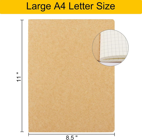 EUSOAR Graph Journal, 3 Packs Large A4 8.5" x 11" 40 Sheets/ 80 Pages, 100gsm Thick Paper Kraft Sketchbook Composition Diary Subject Notebooks Planner Journal for Students Office