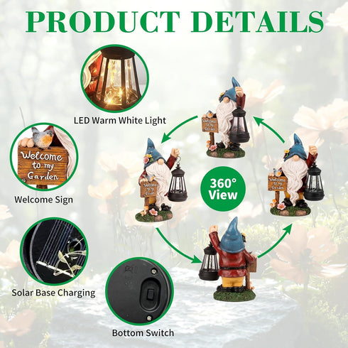 ZQQLITE Garden Gnome Statues Figurine Lights - Solar Powered Lighting Outdoor Decorations with Lantern & Welcome Sign